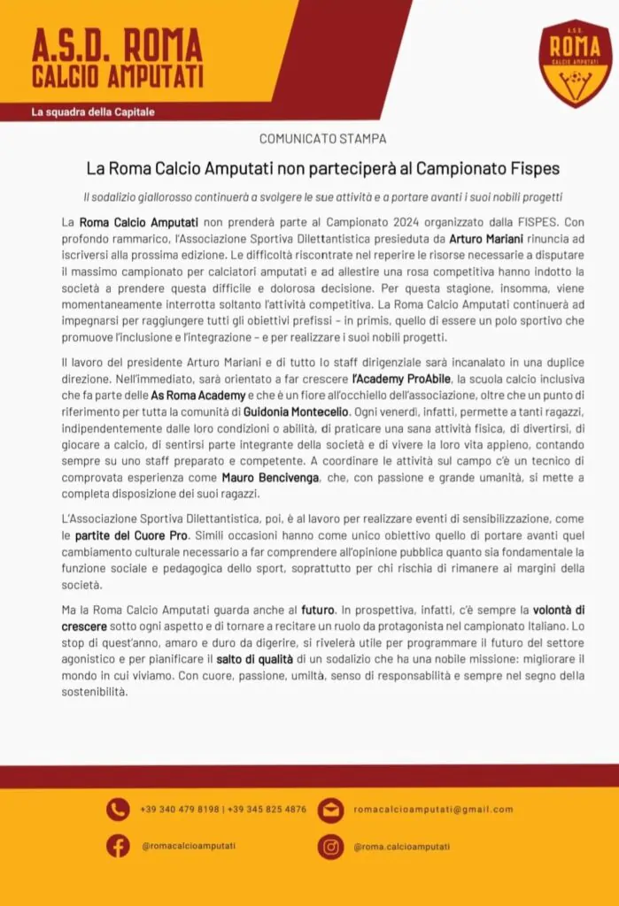 comunicato roma calcio amputati